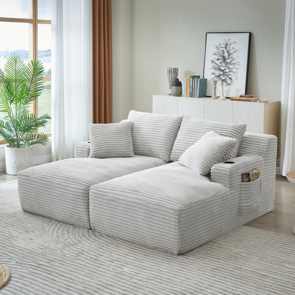 English Elm Compressible Corduroy Sleeper Loveseat with Cupholders Ready in 72 Hours No Assembly Light Grey W2339P411861
