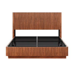 English Elm Queen Bed Frame with Led Lighting Curved Groove Panels and Floating Base Modern Bedroom Walnut W1820S00049