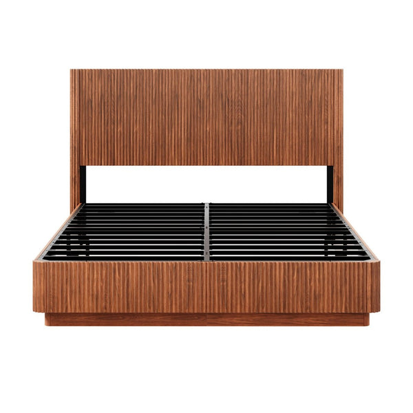 English Elm Queen Bed Frame with Led Lighting Curved Groove Panels and Floating Base Modern Bedroom Walnut W1820S00049
