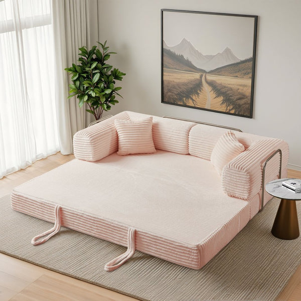 English Elm Compression Foldable Floor Sofa Bed Corduroy Futon with Foam Support for Small Spaces Pink W3716P379194