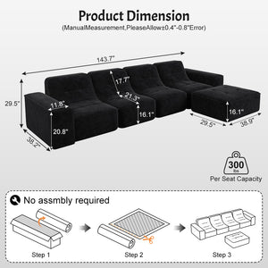 English Elm 143.7" Modern Modular Sectional Sofa Set with Removable Ottoman, Tufted Sparkling Chenille, Deep Seat Comfort Black W3219S00004
