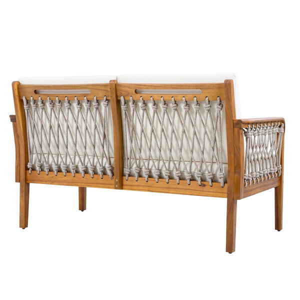 English Elm Outdoor Acacia Wood Loveseat Set with Woven Rope Detail and Slatted Coffee Table Cream,Oatmeal,Teak N768P363954T