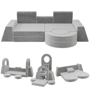 English Elm 13 Piece Modular Foam Play Couch Velvet Sectional for Creative Kids Playroom Light Gray T5880P493408