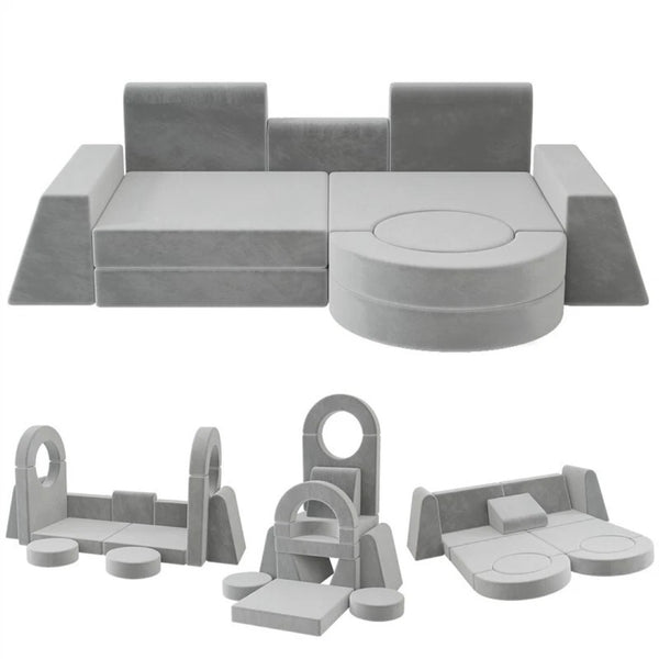 English Elm 13 Piece Modular Foam Play Couch Velvet Sectional for Creative Kids Playroom Light Gray T5880P493408