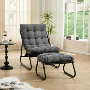 English Elm Patio Sling Recliner with Ottoman Steel Frame Corduroy Cushion Modern Lounge Chair W640P443413