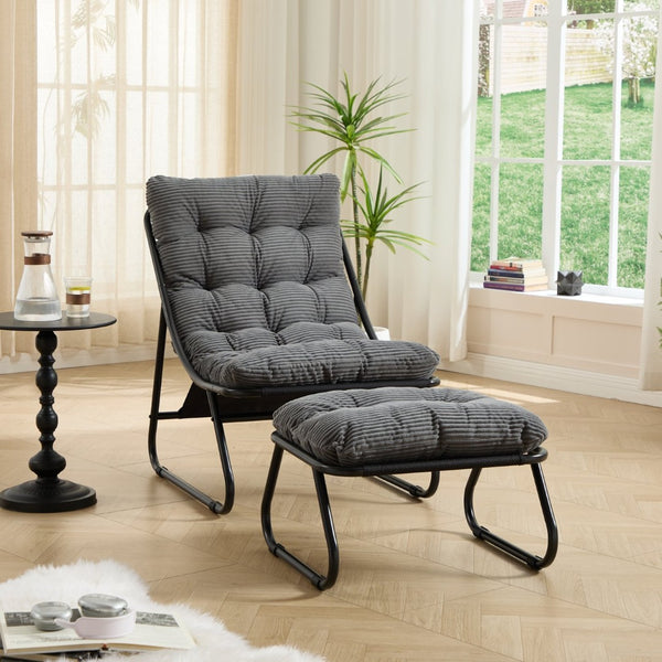 English Elm Patio Sling Recliner with Ottoman Steel Frame Corduroy Cushion Modern Lounge Chair W640P443413