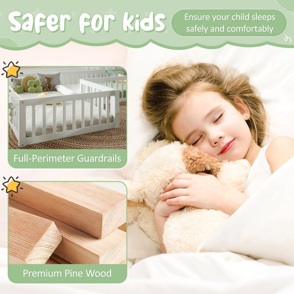 English Elm Twin House Floor Bed with Door & Full-Length Guardrails, Solid Wood Twin Loft Alternative for Kids White W1580P327128