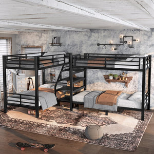 English Elm Twin L-shaped Steel Bunk Bed with Built-in Shelving and Full Guardrails Matte Black W1580S00439
