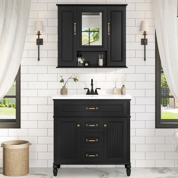 English Elm 36'' Mirror Cabinet with 3 Doors — Wall-Mounted Bathroom Storage Unit, MDF & Pine, Spacious Shelves Black N725P346902B