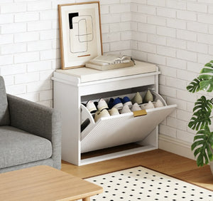 English Elm Shoe Storage Bench with Flip Cabinet Cushioned Seat Beadboard Entryway Organizer T3971P430894