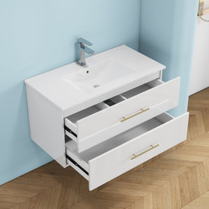 English Elm 36-Inch Modern Wall-Mounted Bathroom Vanity With Ceramic Sink, Gold Handle, Easy Installation & Storage W3151S00055