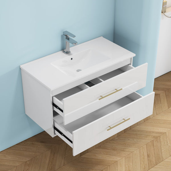 English Elm 36-Inch Modern Wall-Mounted Bathroom Vanity With Ceramic Sink, Gold Handle, Easy Installation & Storage W3151S00055