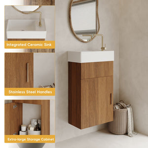 English Elm 16.5 Inch Floating Bathroom Vanity Wall Mounted Ceramic Basin Soft Close Door W3136S00033