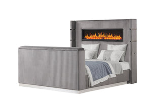 English Elm Lavish Queen Bed With Fireplace Headboard & Tv Stand Footboard – Modern Grey Upholstered Design B009S01417