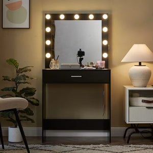 English Elm Vanity Elegant dressing table with LED mirror lights, large drawer, adjustable brightness & storage Black W2386P216224