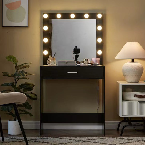 English Elm Vanity Elegant dressing table with LED mirror lights, large drawer, adjustable brightness & storage Black W2386P216224