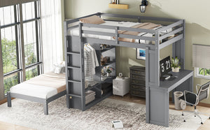 English Elm Full Solid Wood Loft Bed with Removable Lower Bed, Built-In Desk, Shelves & Wardrobe for Space-Saving Designs Grey W1580S00212