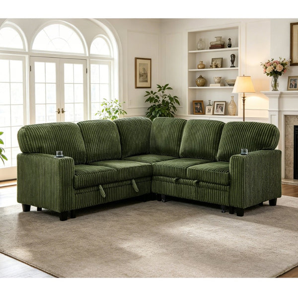 English Elm L-shaped Sectional Sleeper Sofa with Hidden Storage Usb Charging Corduroy Upholstery Olive Green W1998S00095