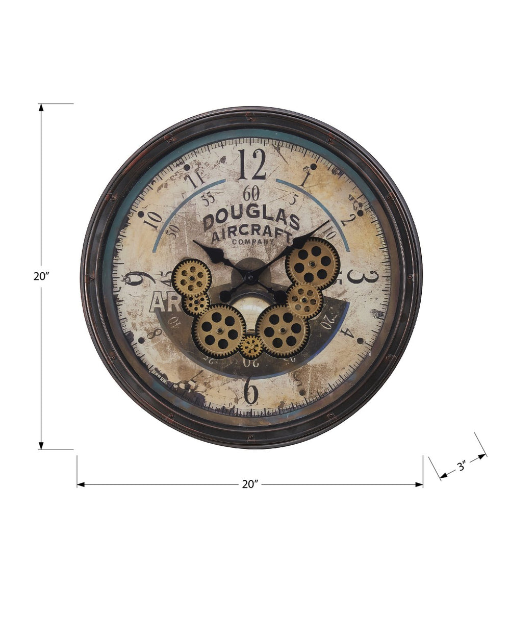 English Elm Clocks, Vintage 20" Round Wall Clock With Gear Mechanism And Brown Aviator Print For Home Decor B2710P287139