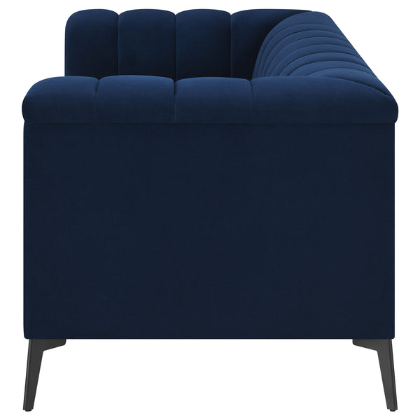 English Elm Darci Blue Velvet Loveseat with Vertical Channel Tufting, Angled Black Metal Legs for Luxe Style B062P357779