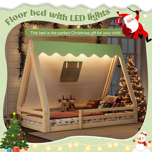 English Elm Twin Montessori Floor Bed Solid Pine Teepee Frame with Guardrails and Canopy Light W1580P369466
