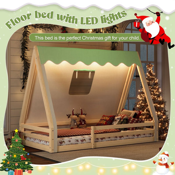 English Elm Twin Montessori Floor Bed Solid Pine Teepee Frame with Guardrails and Canopy Light W1580P369466