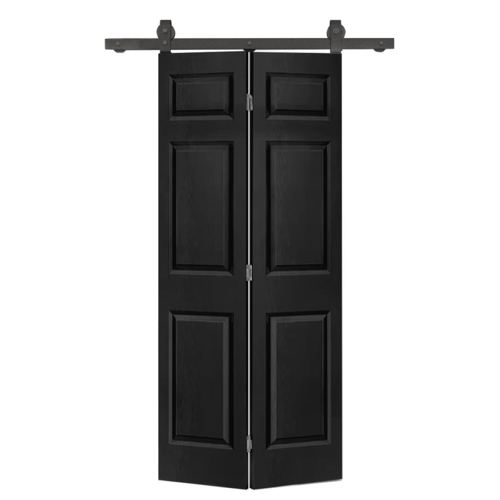 English Elm 24 in Primed Mdf Bi-fold Barn Door with Raised 6-panel Profile and Sliding Hardware Black B2763P490982