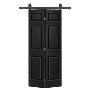 English Elm 24 in Primed Mdf Bi-fold Barn Door with Raised 6-panel Profile and Sliding Hardware Black B2763P490982