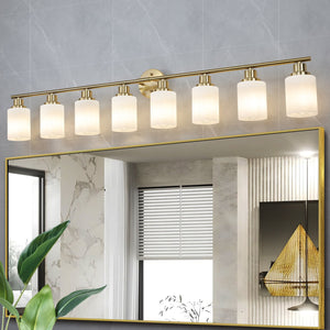 English Elm 52" Modern 8-Light Vanity Wall Sconce - Elegant Golden Finish & Frosted Glass Shades For Stylish Lighting W2312P374816