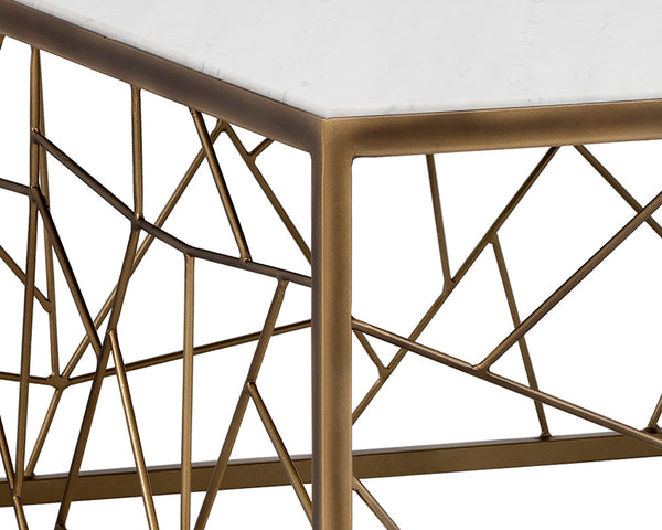 Sunpan Vero Coffee Table: Large White Volakas Marble Top with Rustic Bronze Steel Frame for Stunning Style