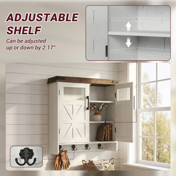 English Elm Bathroom Wall Cabinet Over Toilet with Adjustable Shelves and Built in Towel Hook Brown+White T5831P488974