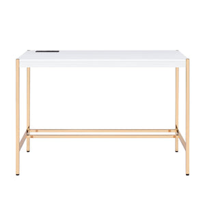 English Elm Rectangular Writing Desk with USB Port and Metal Frame, Rustic Textured Finish for Cozy Workspace_x0003_ Gold,White B016P326489