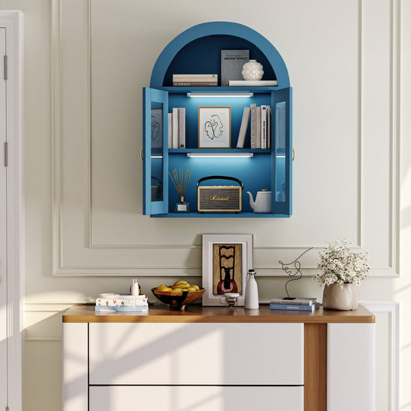English Elm Wall Mounted Arched Cabinet Tempered Glass Doors Led Lighting Adjustable Shelves Bathroom Turquoise T3210P471552