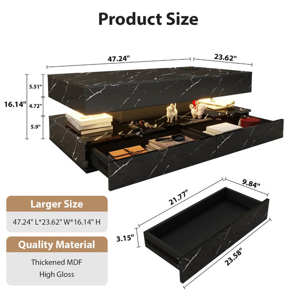 English Elm Coffee Table with Led Lighting Bluetooth Speaker Wireless Charging and Faux Marble Top T3773P415728