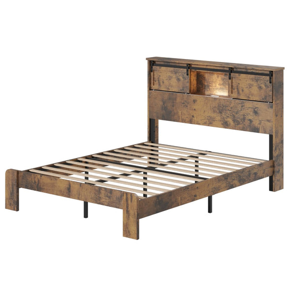 English Elm Queen Metal Platform Bed Dark Brown Storage Headboard with Usb Charging No Box Spring W636P419871
