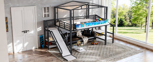 English Elm Twin Metal Loft Bed with Built-in Wardrobe Storage Stairs Led Lights and Usb Ports W5316S00047