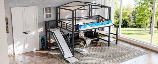 English Elm Twin Metal Loft Bed with Built-in Wardrobe Storage Stairs Led Lights and Usb Ports W5316S00047