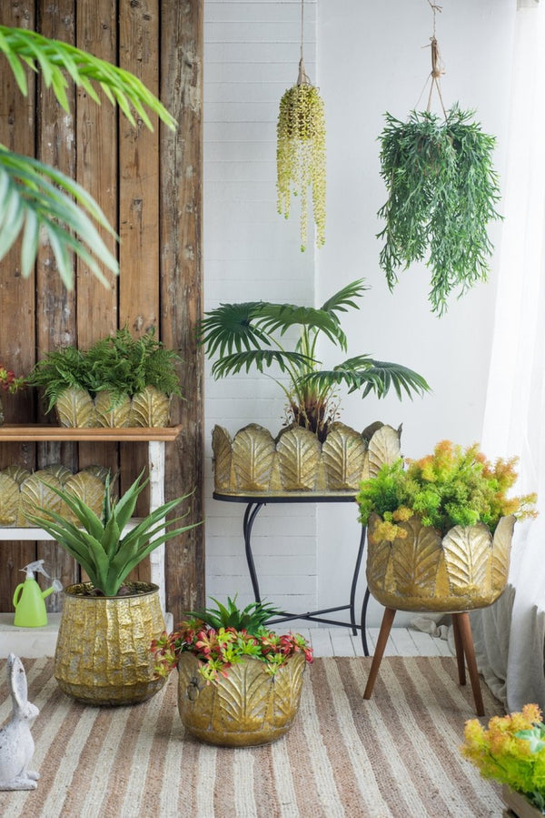 English Elm Set of 3 Distressed Zinc Metal Planters with Aged Golden Finish for Farmhouse Decor W2078P499531