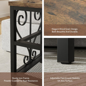English Elm Vividwood Industrial Entryway Bench Rustic Wood Top Metal Frame Scrollwork Shoe Organizer Brown T5618P505964