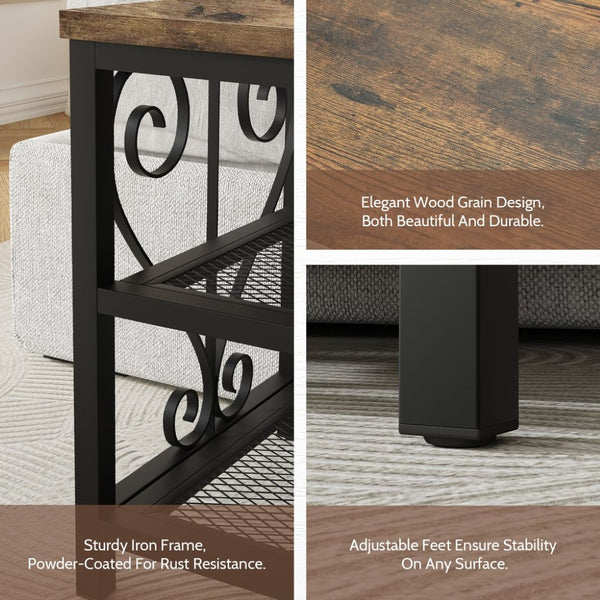 English Elm Vividwood Industrial Entryway Bench Rustic Wood Top Metal Frame Scrollwork Shoe Organizer Brown T5618P505964