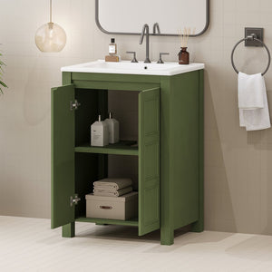 English Elm 24" Vintage Style Small Bathroom Vanity Olive Green with Ceramic Sink, Soft-Close Doors, Shelf (95) N729P292015F