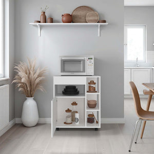 English Elm White Microwave Stand with Open Shelves and Cabinet for Kitchen or Apartment B062P483753
