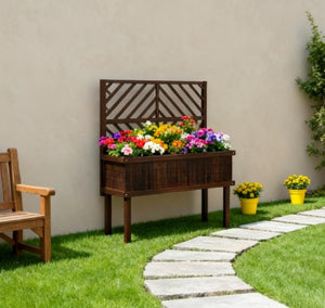 English Elm Self-draining Elevated Fir Wood Planter with Lattice Trellis for Backyard Gardens T3971P422347