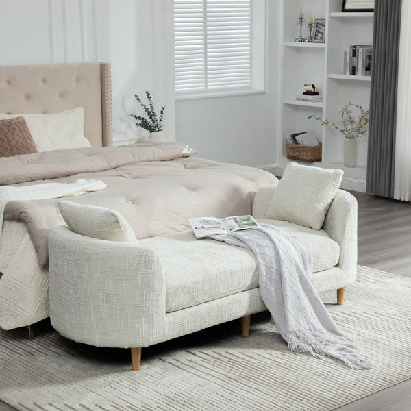 English Elm 77.17" Chenille Chaise Bench with Bolster Pillows Rubberwood Legs Bedroom Lounge W3189S00039