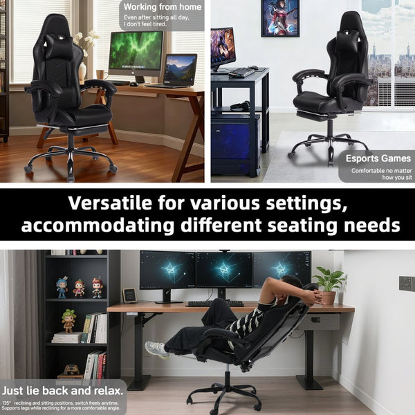 English Elm Deepfurniture Racing Style Gaming Chair Pu Leather Massage Lumbar Footrest Home Office Black W3860P428636