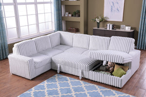 English Elm 102 Inch Linen Modular Sectional Sofa with Hidden Storage and Cloud Cushion Comfort Grayish,White W1099S00176