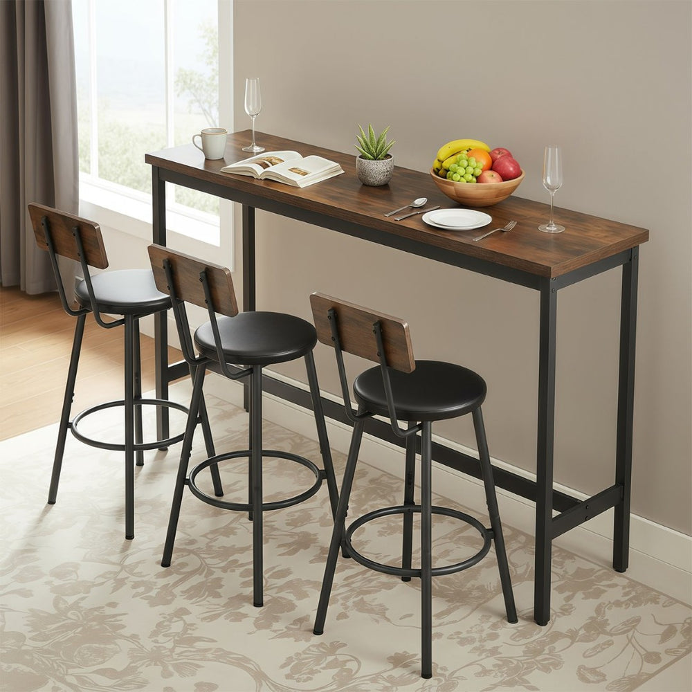 English Elm Bar Table Set with 3 Pu Leather Stools Industrial Steel Frame Rustic Dining Nook W3204P428249