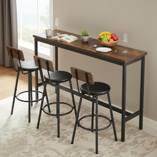 English Elm Bar Table Set with 3 Pu Leather Stools Industrial Steel Frame Rustic Dining Nook W3204P428249