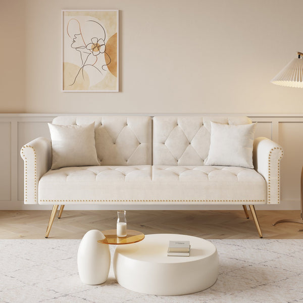 English Elm A Velvet 69.7" Sofa Bed with Gold Legs, Nailhead Trim, 2-Seater Convertible Sofa with Pillow Beige W3356P298442
