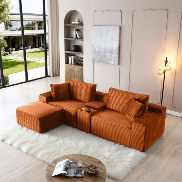 English Elm Modular Cloud Sectional Sofa with Corduroy Deep Seating Usb Ports and Storage Ottoman Orange W1117S00363